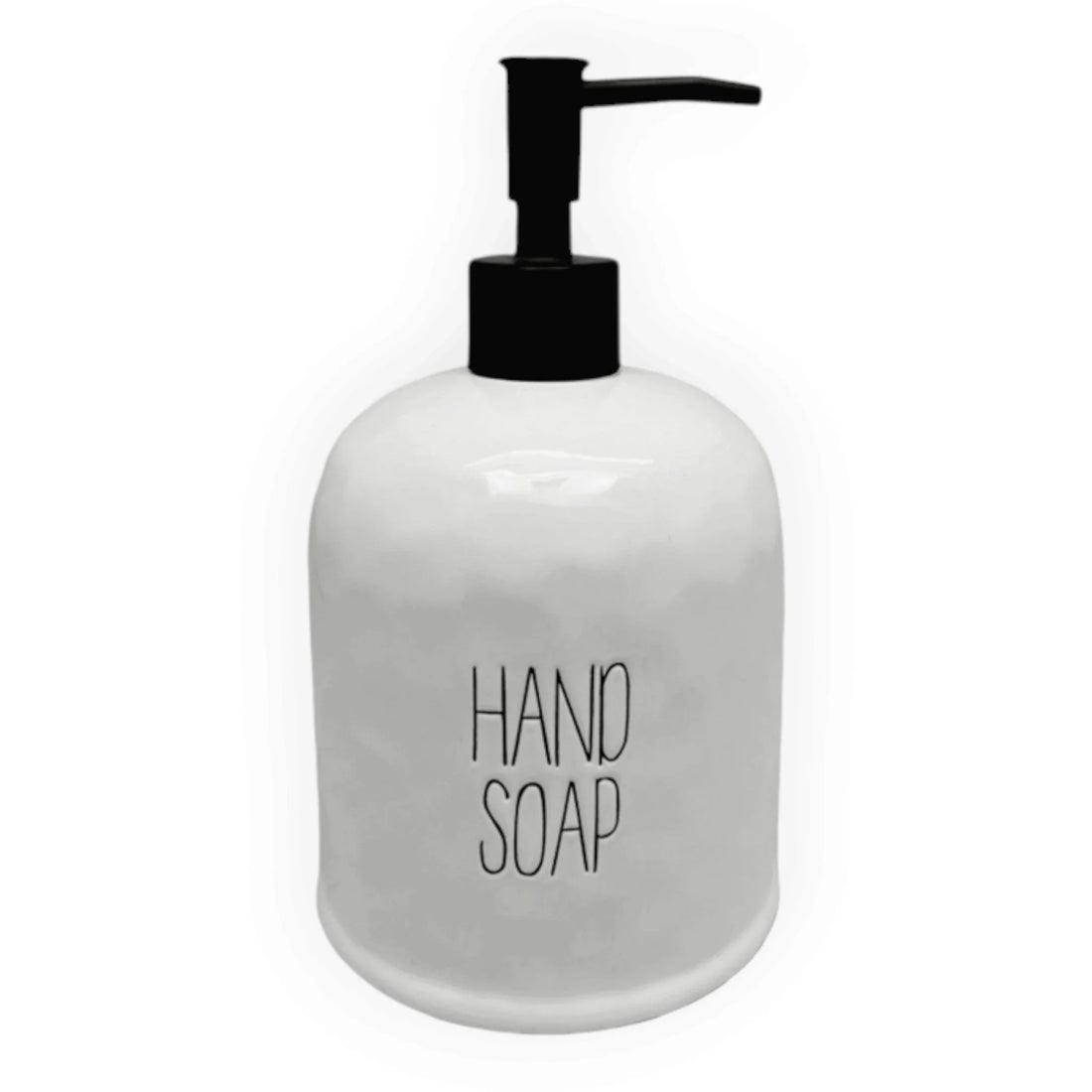 A white hand soap dispenser bottle with a black pump and the words 'HAND SOAP' printed on the front, set against a plain white background.
