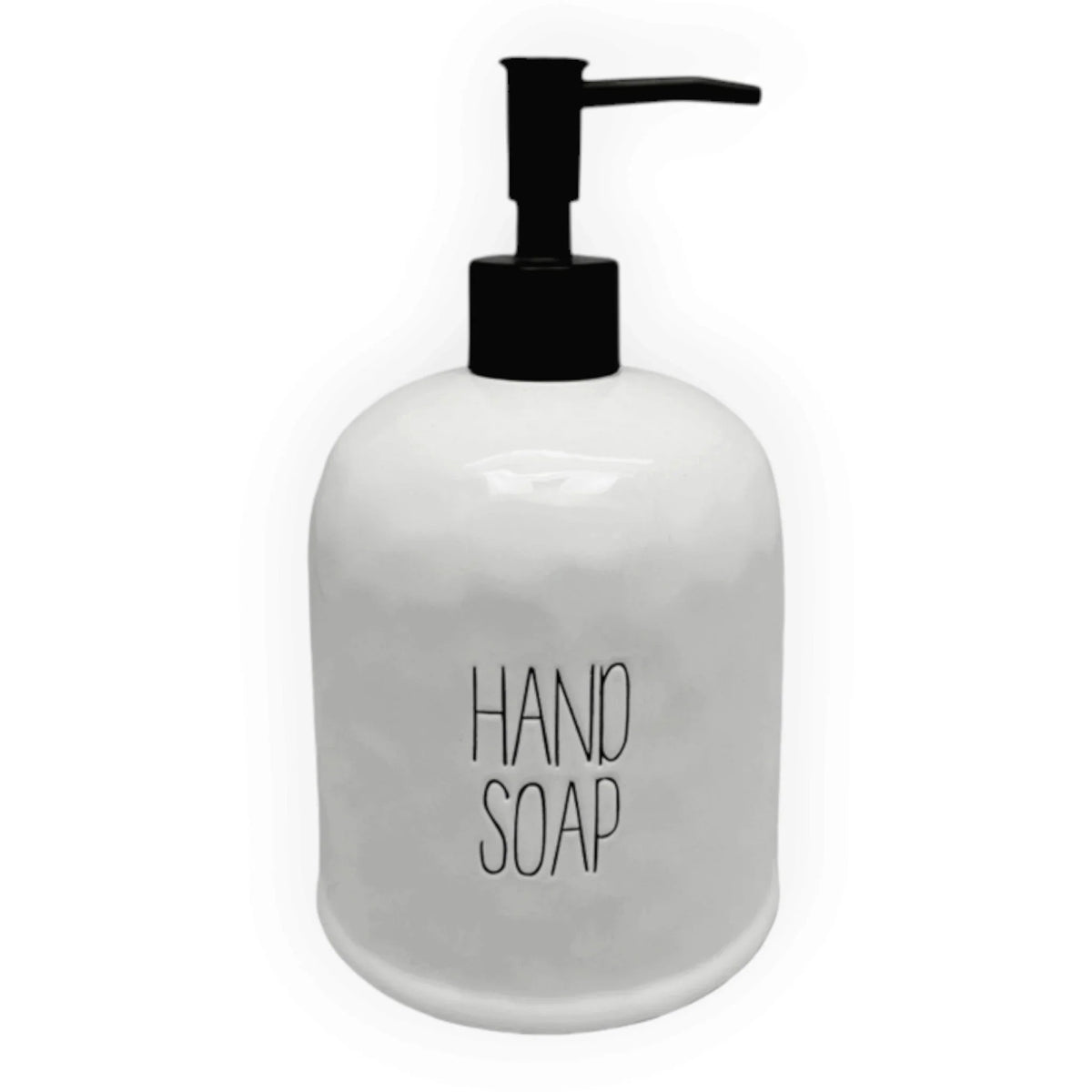 A white hand soap dispenser bottle with a black pump and the words 'HAND SOAP' printed on the front, set against a plain white background.