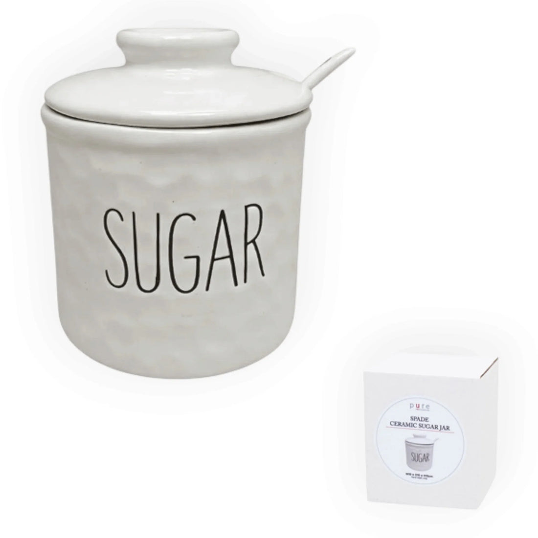 White ceramic sugar canister with a lid and spoon, printed with the word 'SUGAR' in black, shown alongside its white retail box on a white background.