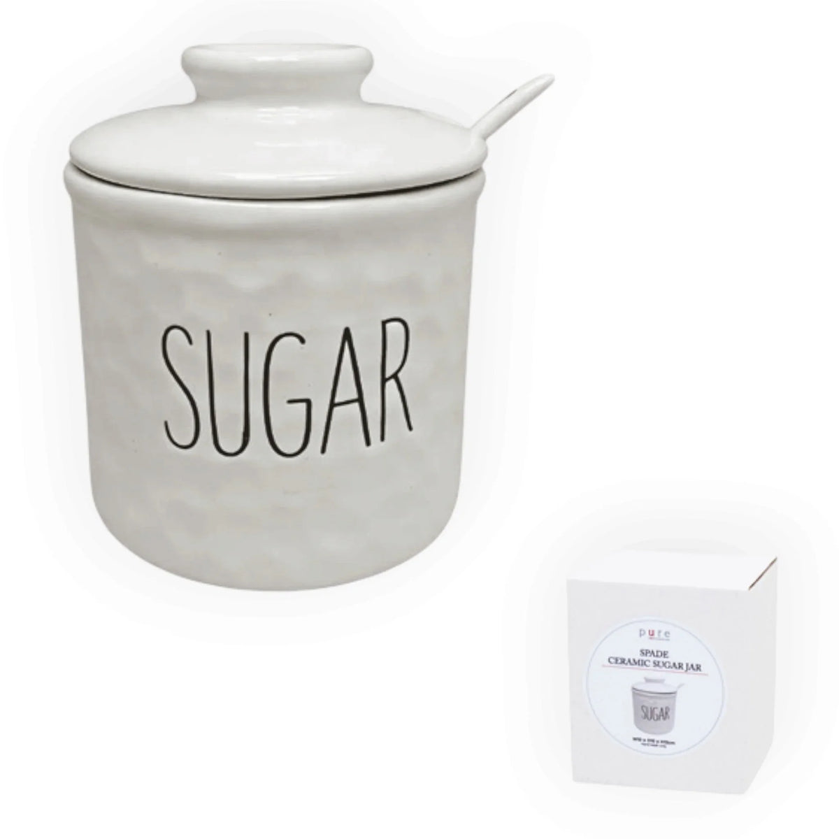 White ceramic sugar canister with a lid and spoon, printed with the word 'SUGAR' in black, shown alongside its white retail box on a white background.