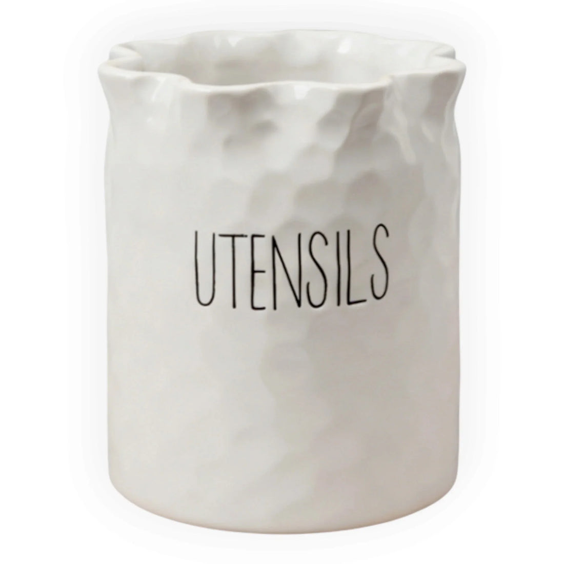 A white ceramic utensils holder with a textured, hammered finish and the word 'UTENSILS' printed in black on the front, set against a plain white background.