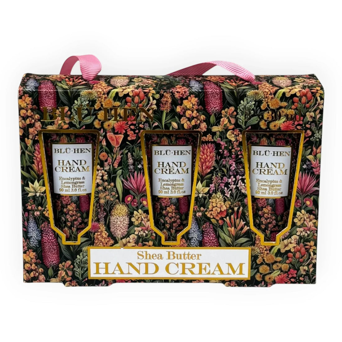 BLÜHEN Shea Butter Hand Cream set with floral packaging, Eucalyptus & Lemongrass scent, 3 x 90ml tubes