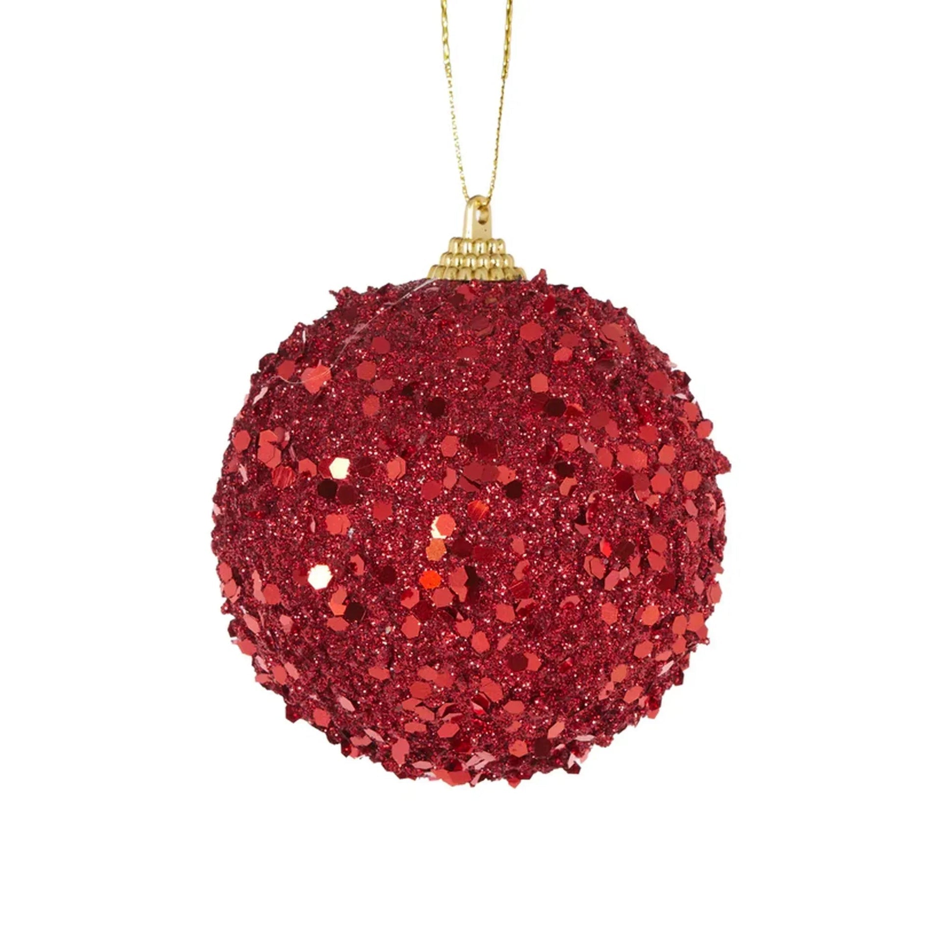 Red glitter Christmas ornament with gold cap and hanging string, festive holiday decoration
