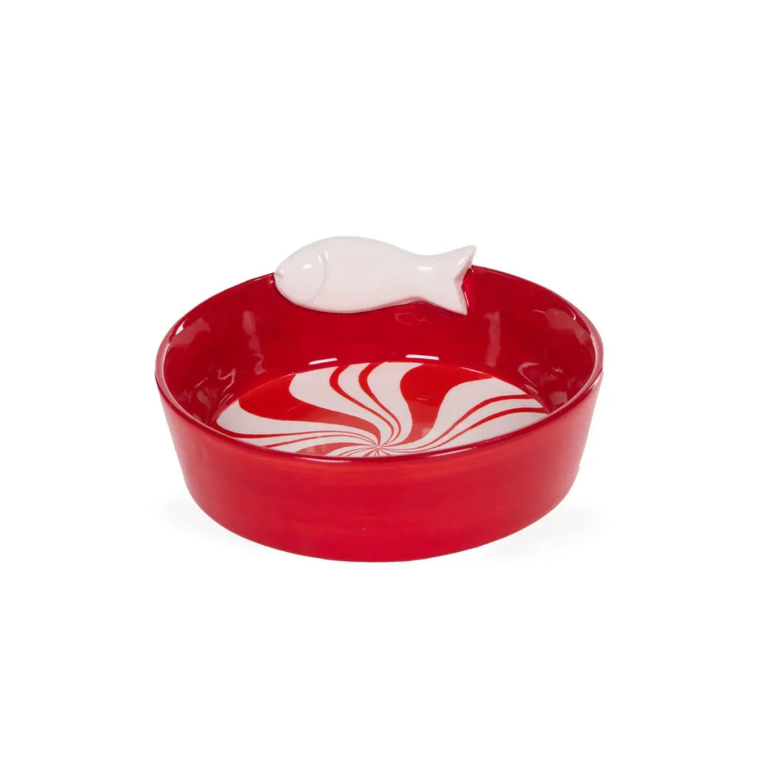 Red ceramic bowl with white fish accent and swirl pattern, decorative home accessory