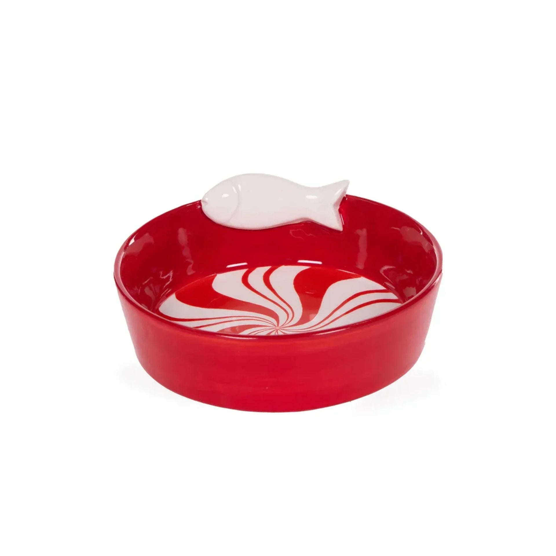 Red ceramic bowl with white fish accent and swirl pattern, decorative home accessory