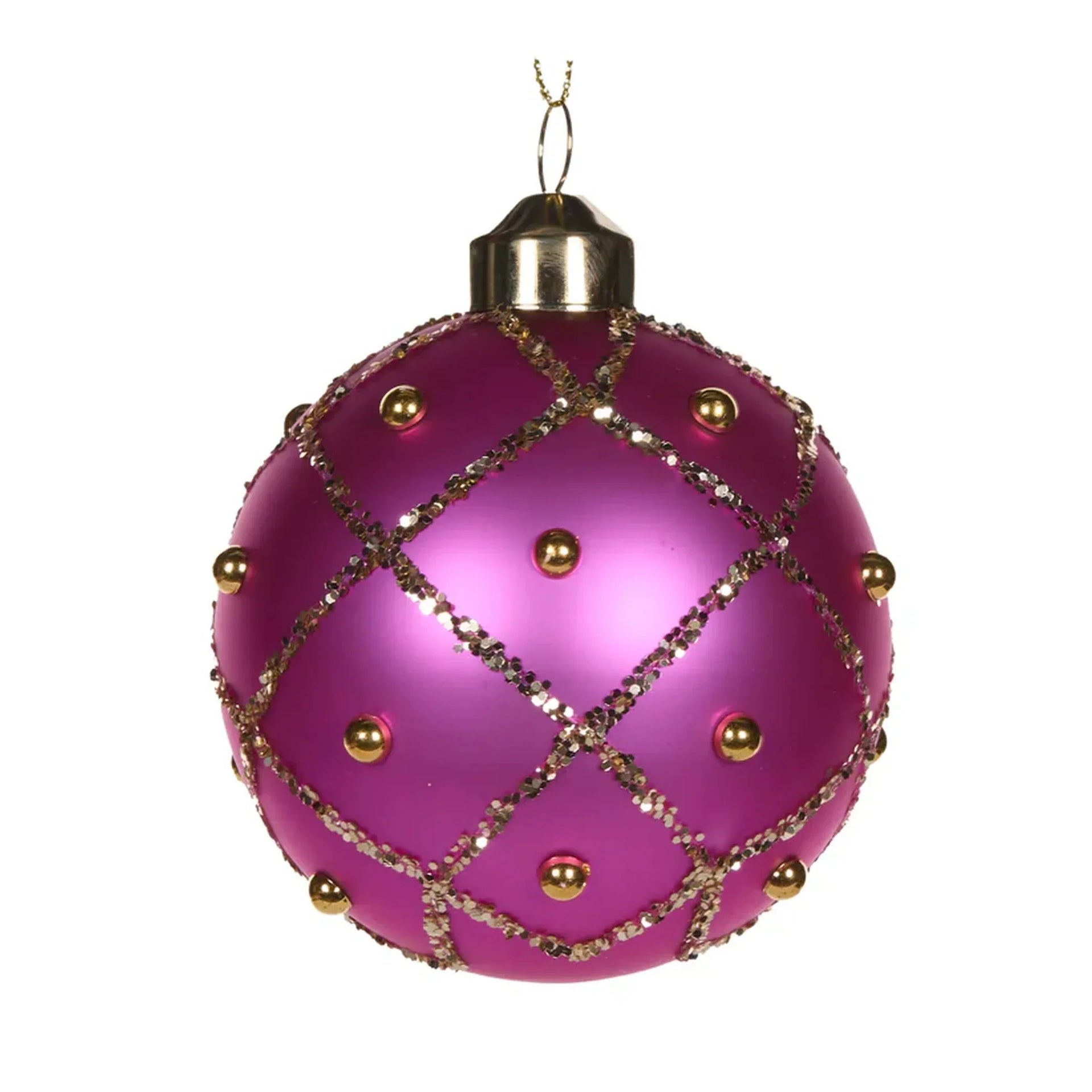 Fuchsia Christmas ornament with gold glitter lattice and beads, elegant holiday decor