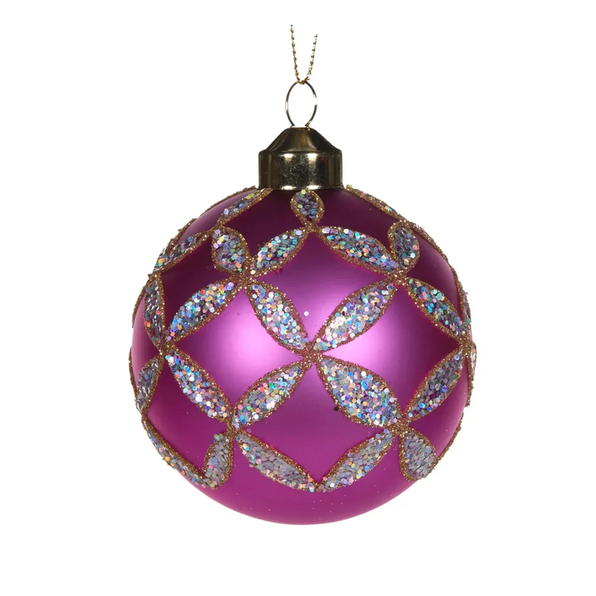 Purple Christmas ornament with glittery gold and iridescent leaf pattern, festive holiday décor