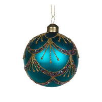 Teal glass Christmas ornament with gold glitter swirls and multicolor sequins, elegant holiday decor