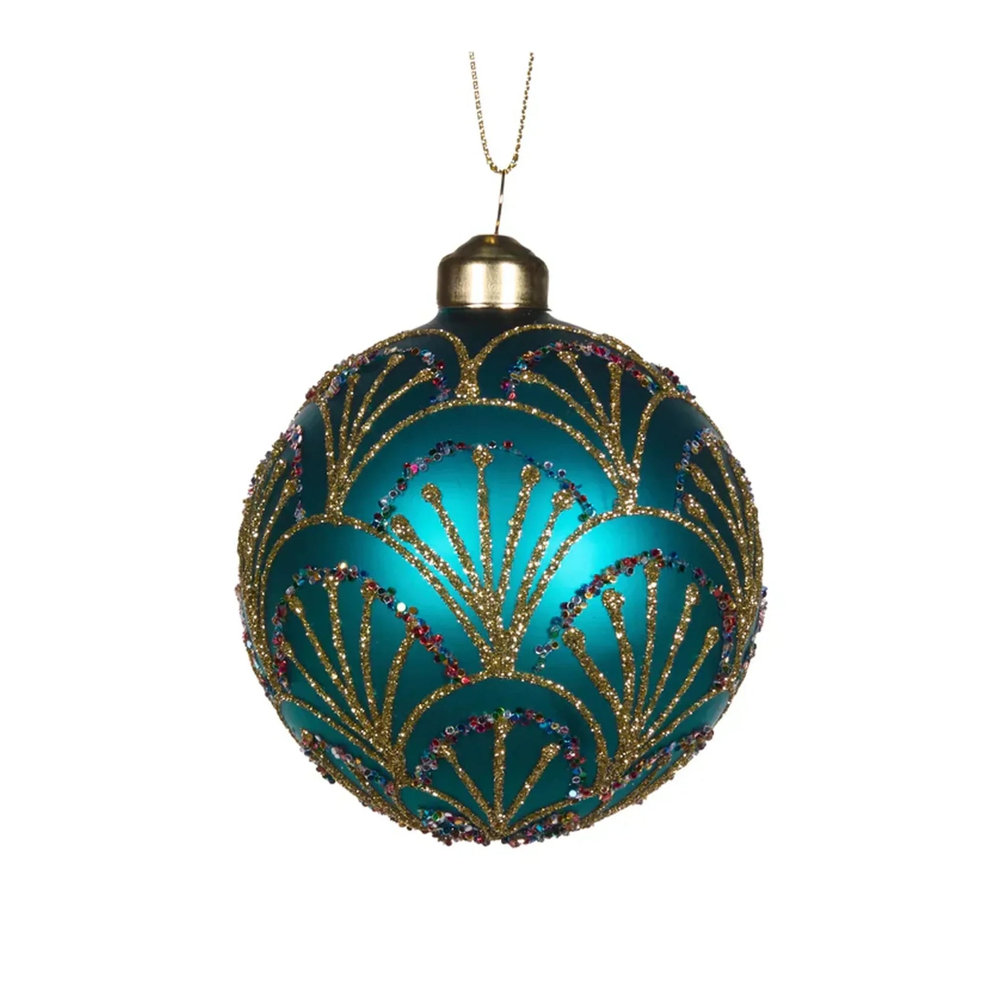 Teal Christmas ornament with gold glitter fan design and multicolor beads, elegant holiday décor