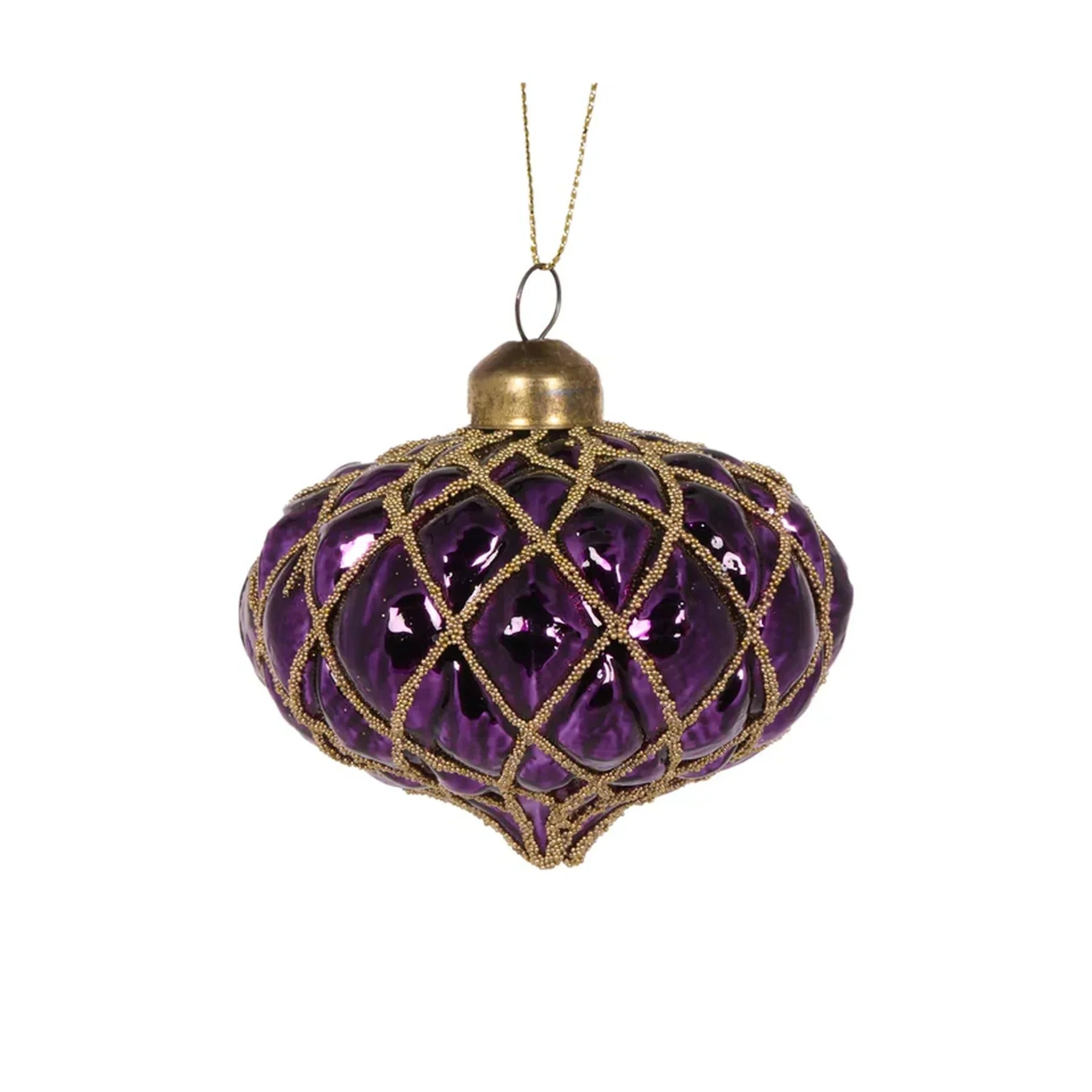 Purple glass Christmas ornament with gold beaded lattice design, elegant holiday décor
