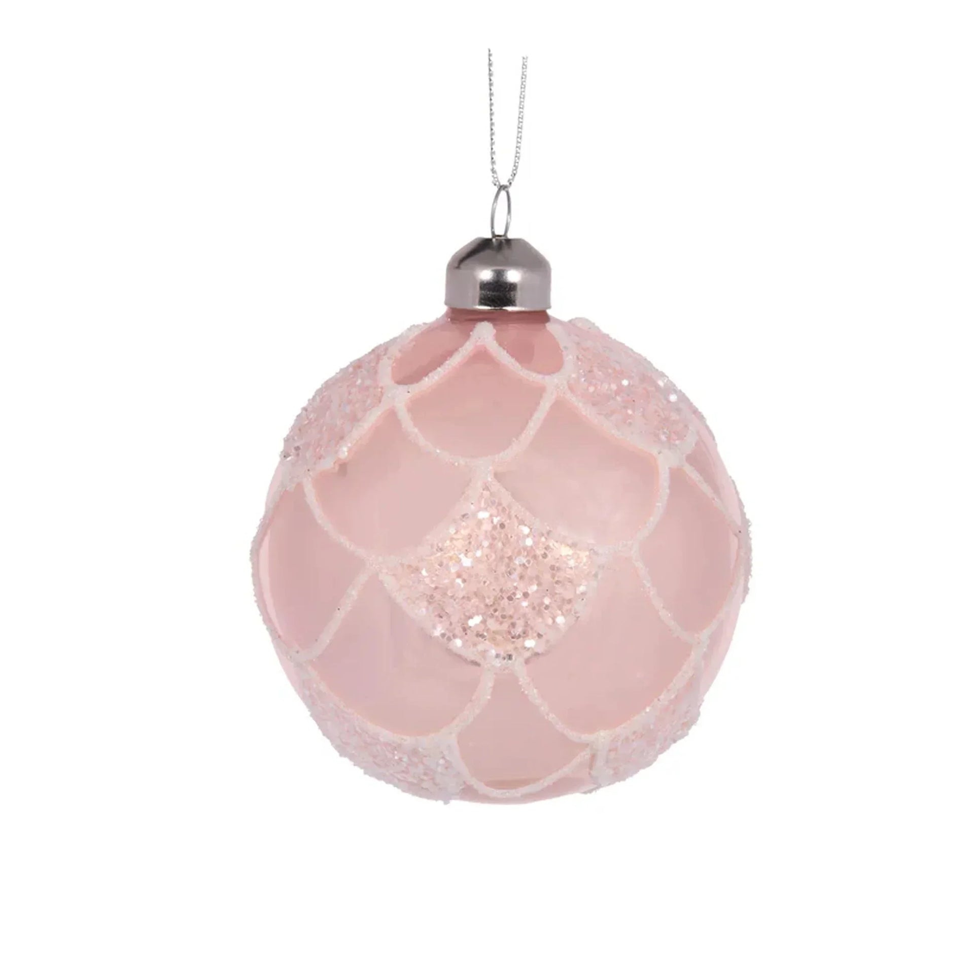 Pink glitter Christmas bauble with scalloped design, festive holiday decoration for tree