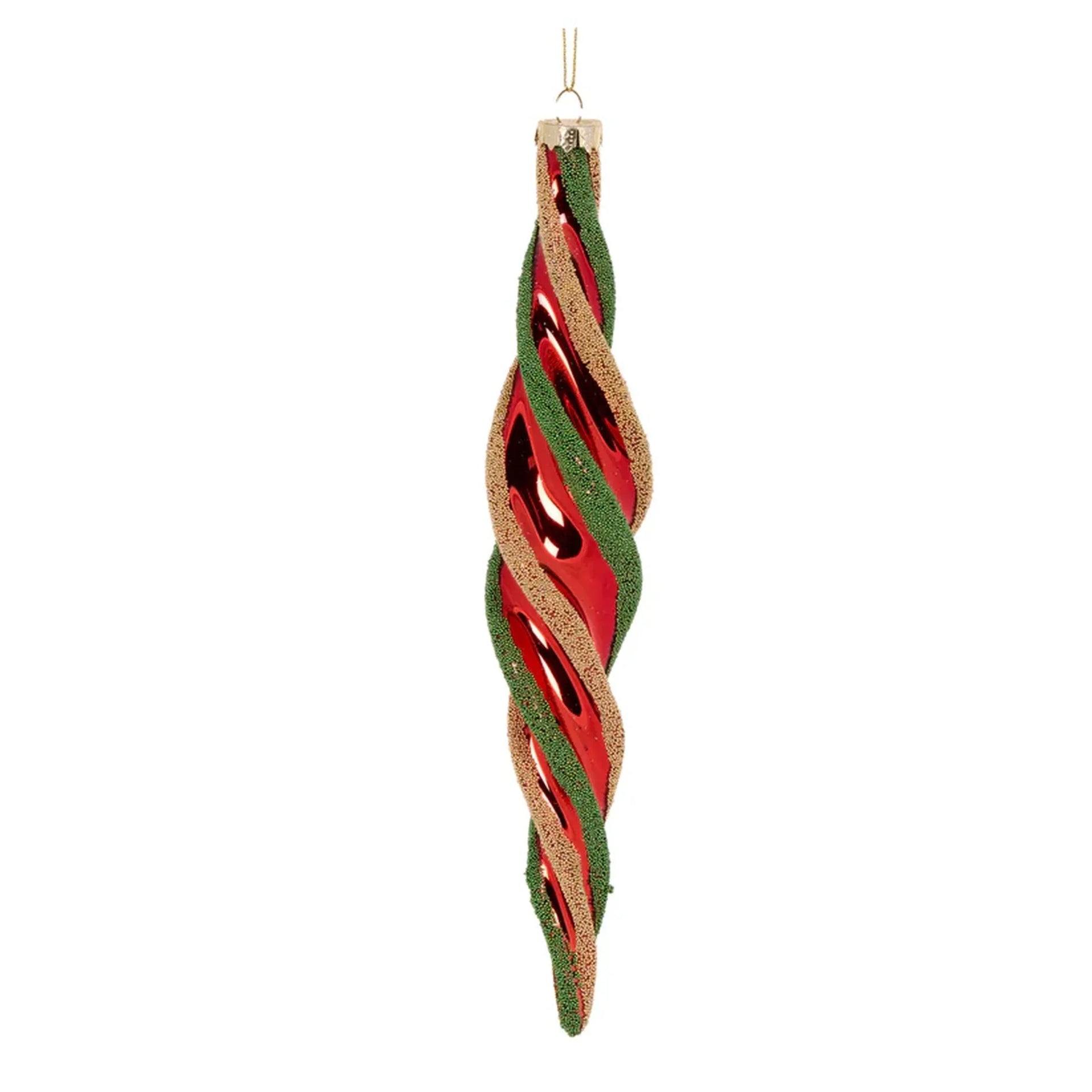 Red, green, and gold twisted Christmas ornament with glittery texture for holiday tree decor