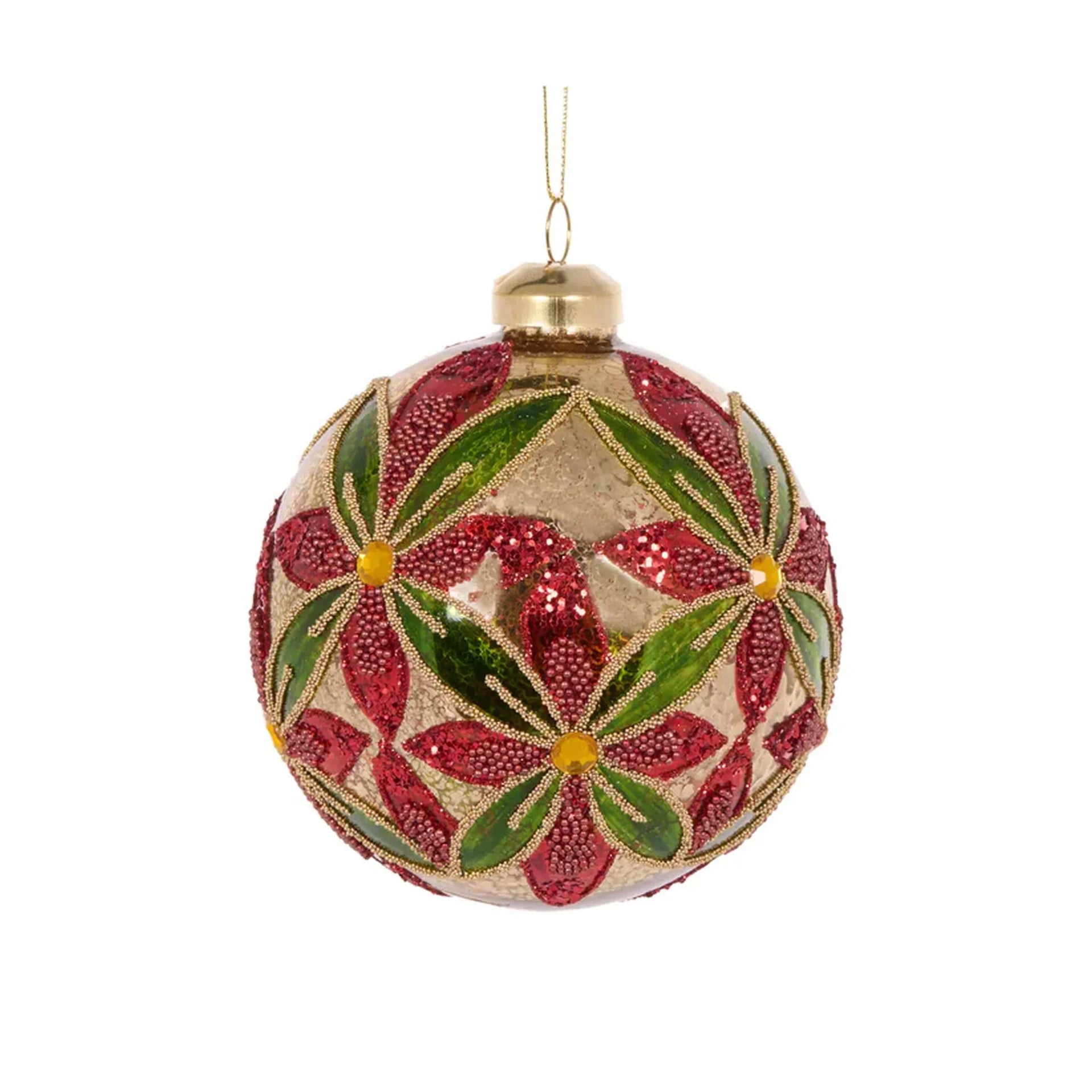 Red and green floral beaded Christmas ornament with gold accents, perfect for holiday home décor