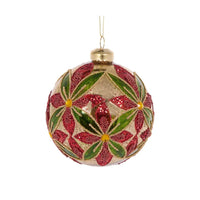 Red and green floral beaded Christmas ornament with gold accents, perfect for holiday home décor