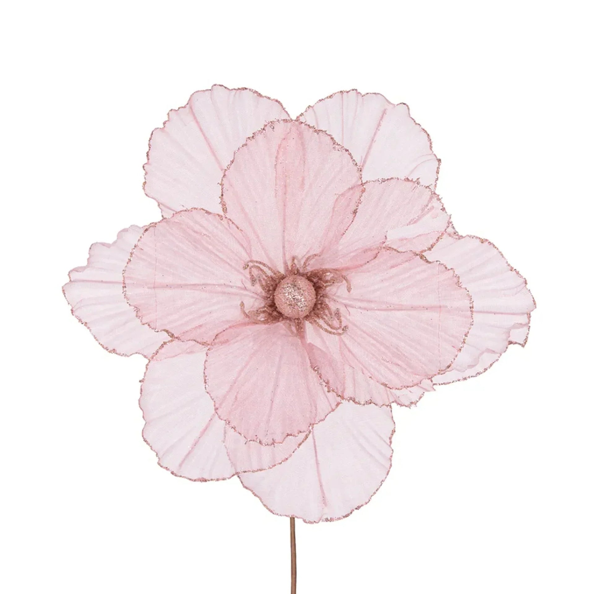 Delicate pink fabric flower with glittered edges, perfect for home décor and vintage styling