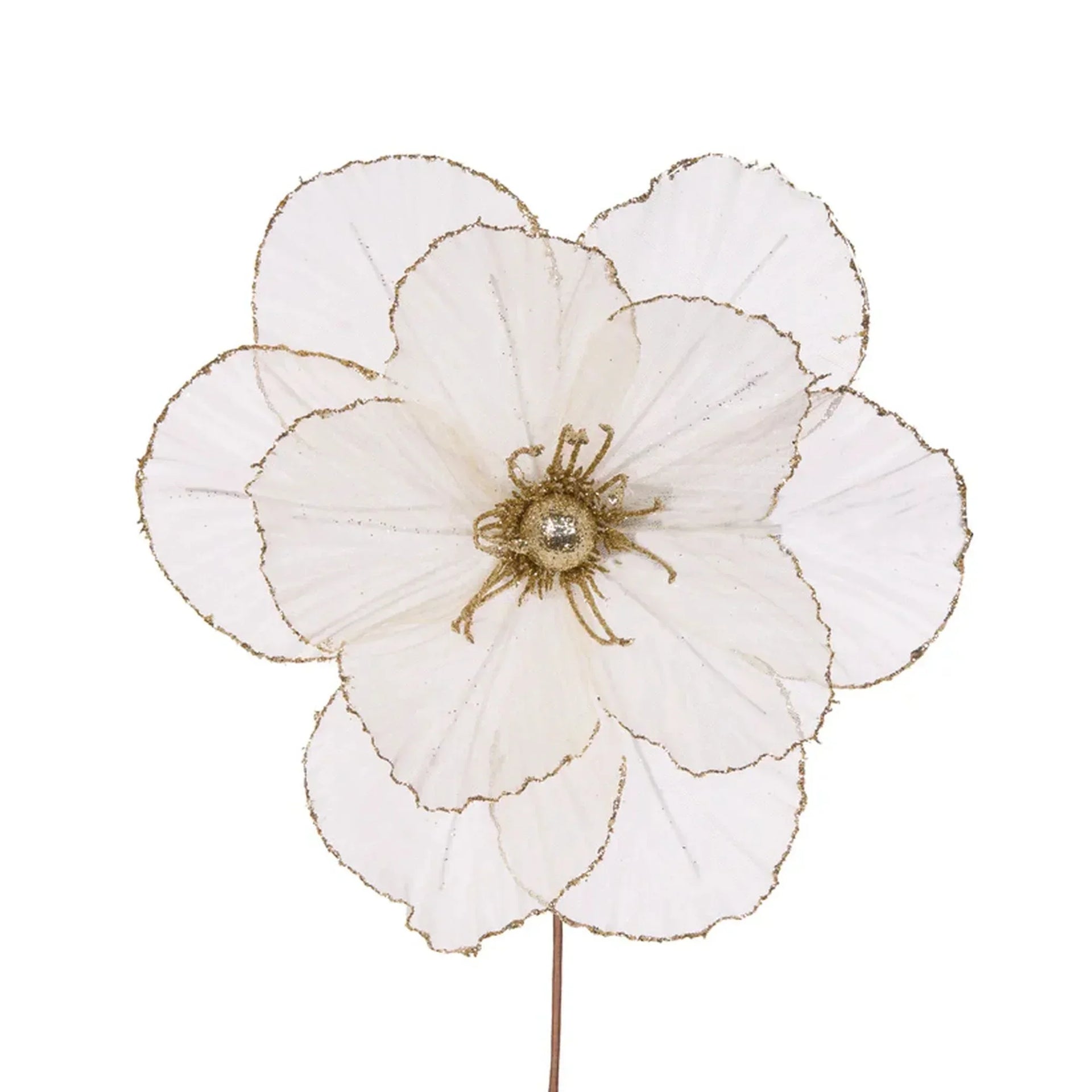 White artificial flower with gold glitter edges, elegant home décor accent piece