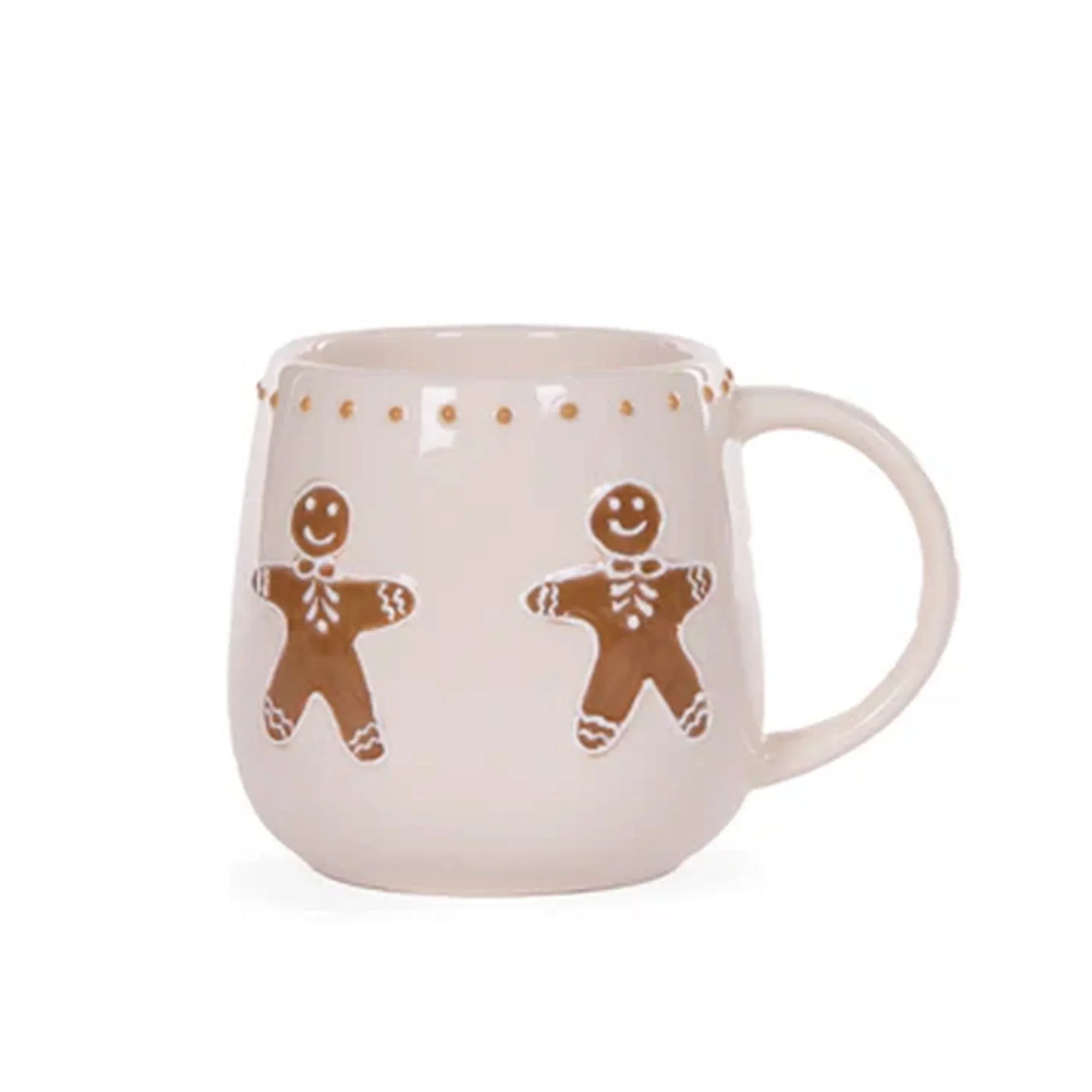 Cream ceramic mug with gingerbread men design, festive holiday home decor