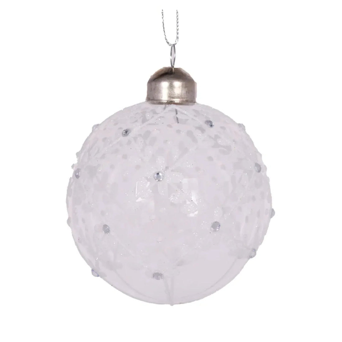 White glitter Christmas ornament with silver accents and snowflake design for festive home décor