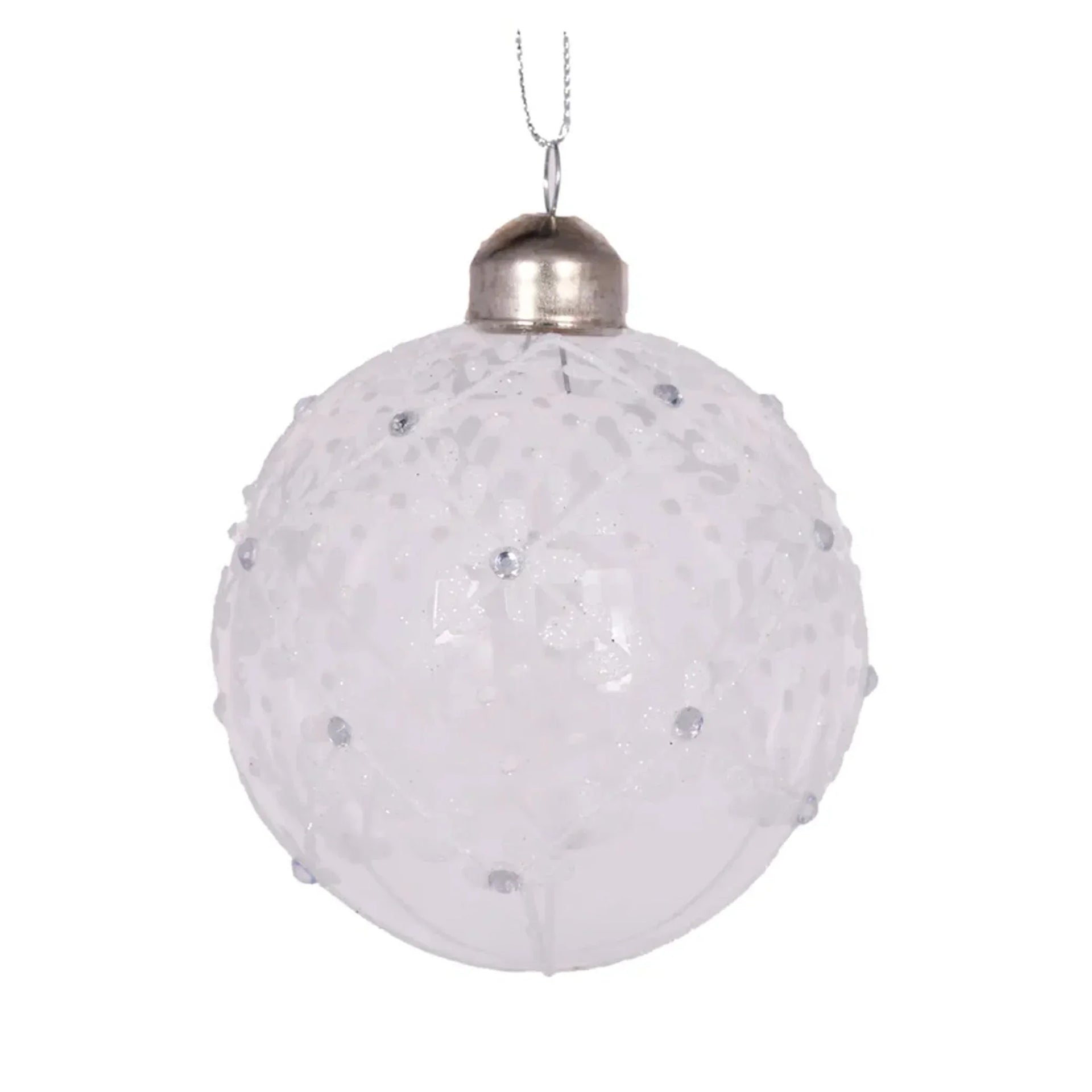 White glitter Christmas ornament with silver accents and snowflake design for festive home décor