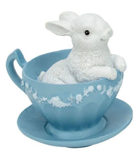 White bunny figurine in blue teacup with floral trim, vintage home decor accent