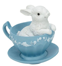 White bunny figurine in blue teacup with floral trim, vintage home decor accent