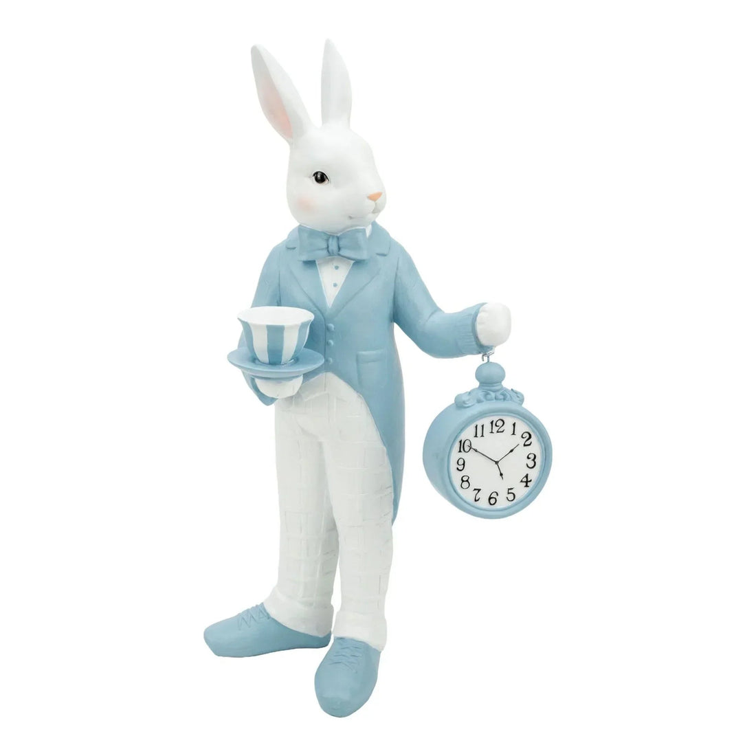 White rabbit figurine in blue suit holding teacup and pocket watch, vintage home décor accent