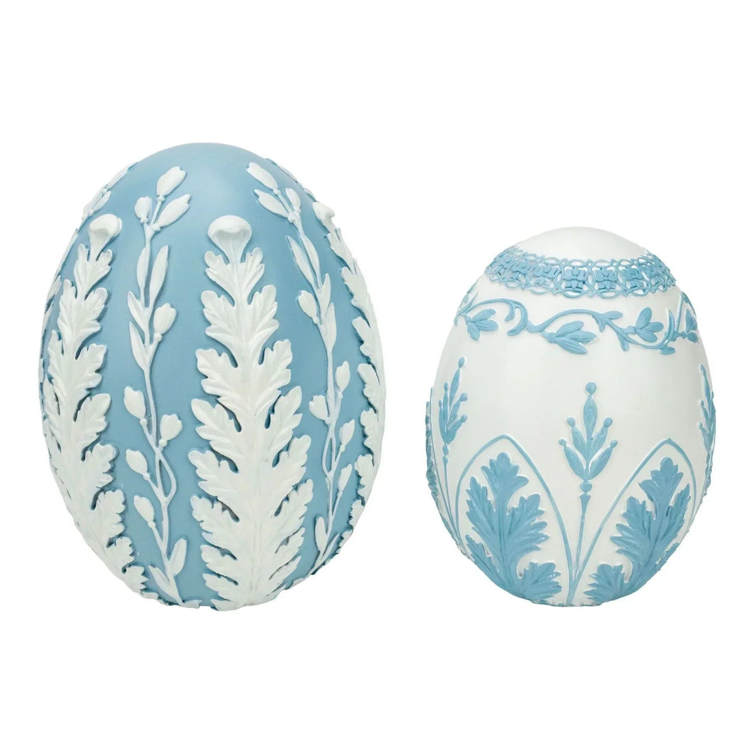 Elegant blue and white decorative eggs with floral relief patterns, perfect for vintage home décor