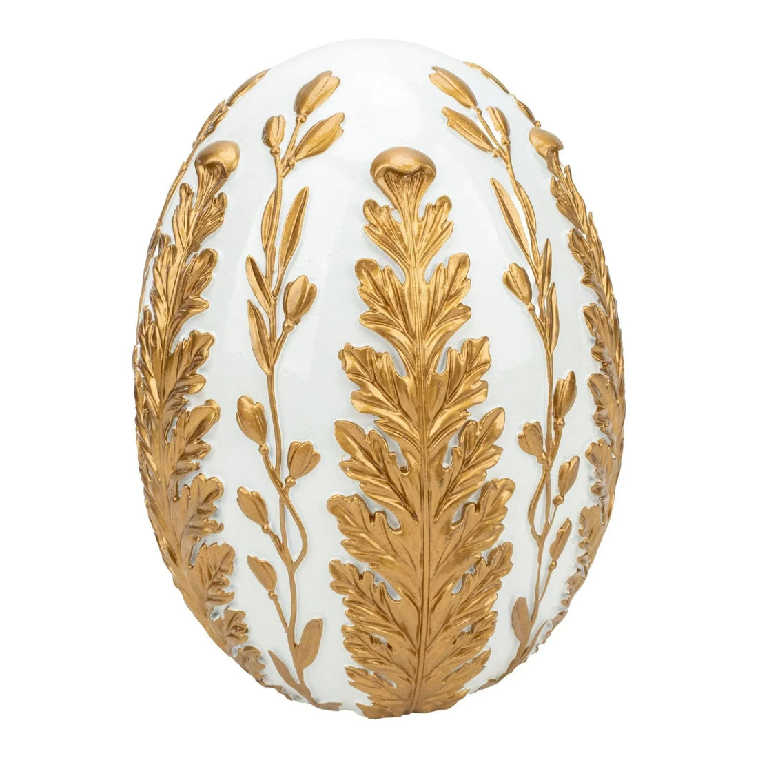 White decorative egg with gold leaf and floral detailing, elegant home décor accent piece