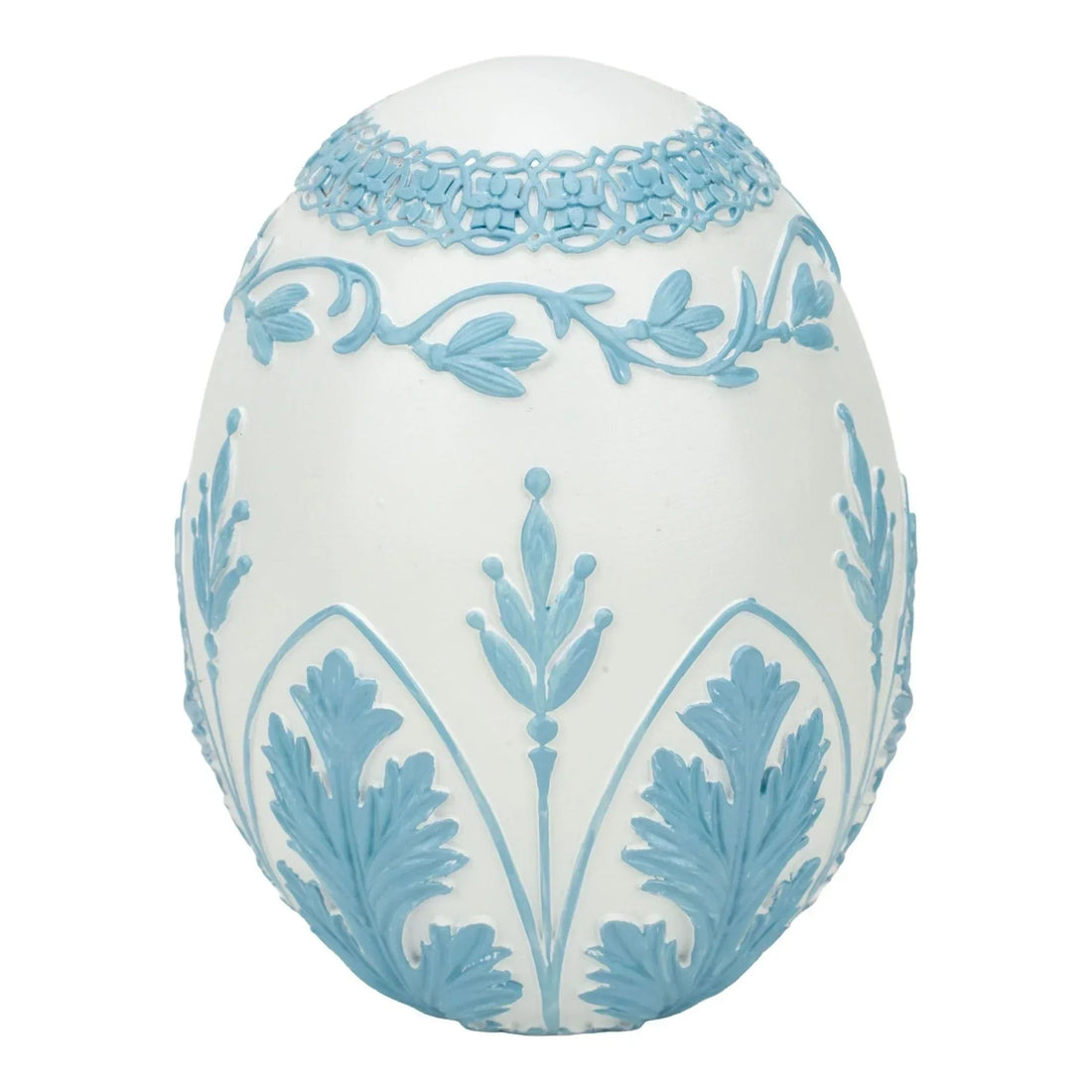 Elegant white egg with light blue floral relief, vintage home décor accent piece