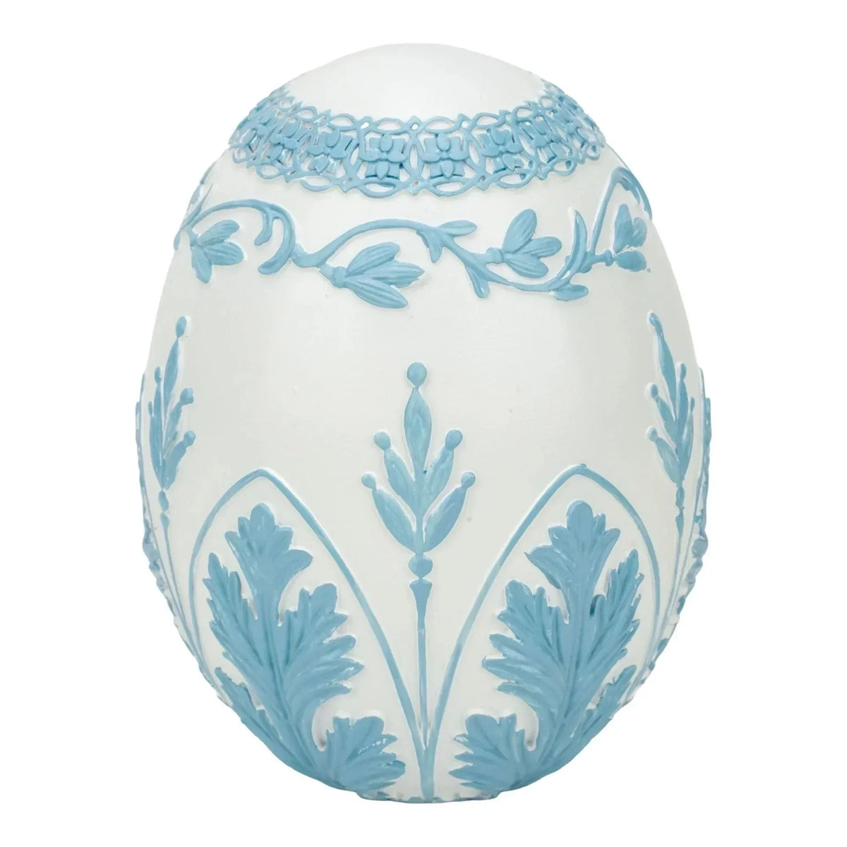 Elegant white egg with light blue floral relief, vintage home décor accent piece