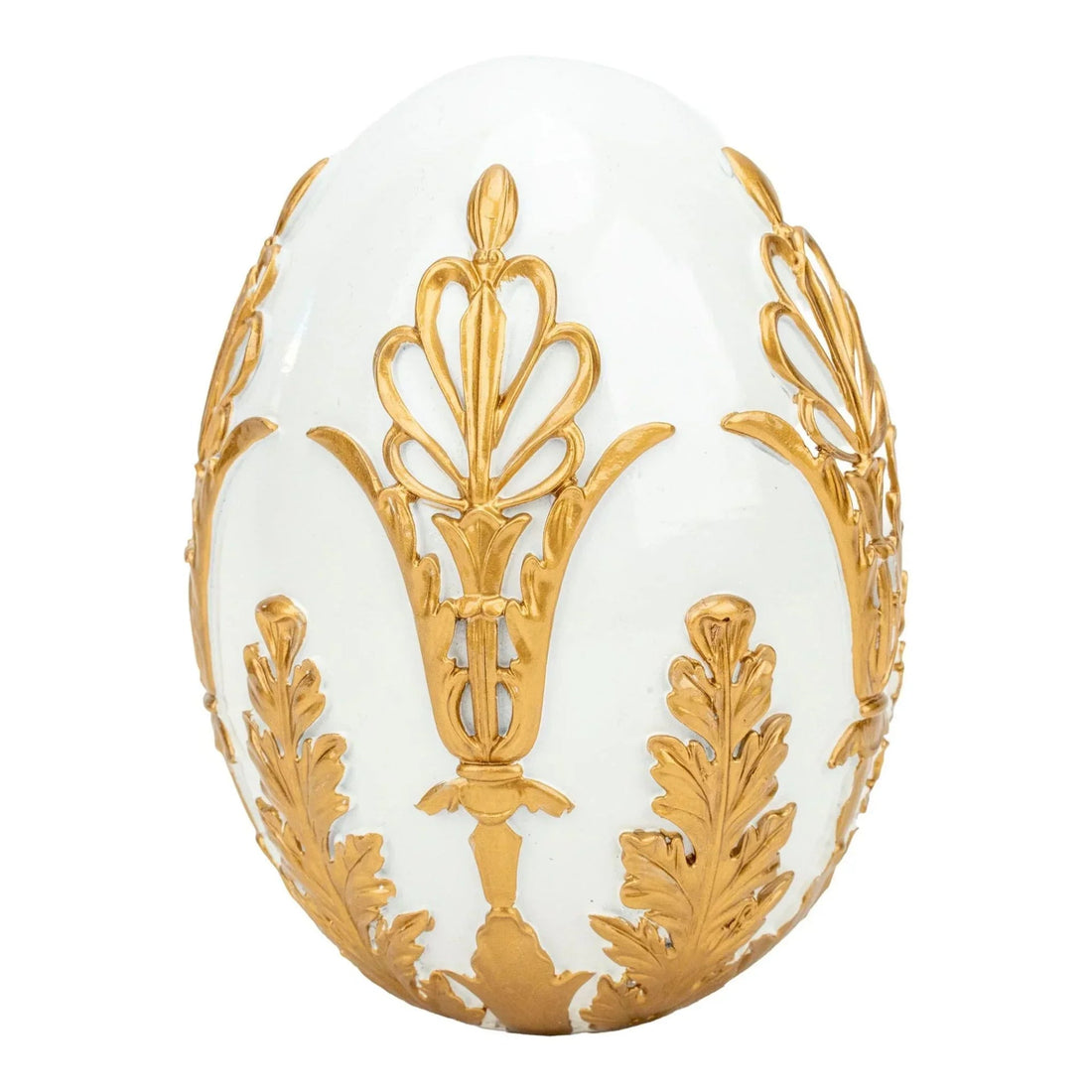 White decorative egg with gold ornate leaf and scroll detailing, elegant home décor accent piece