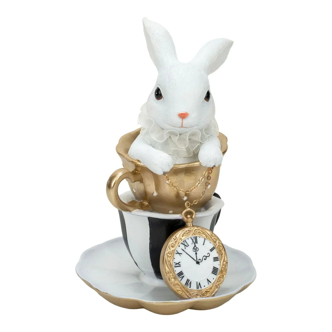 White rabbit figurine in gold teacup with pocket watch, vintage home décor accent piece