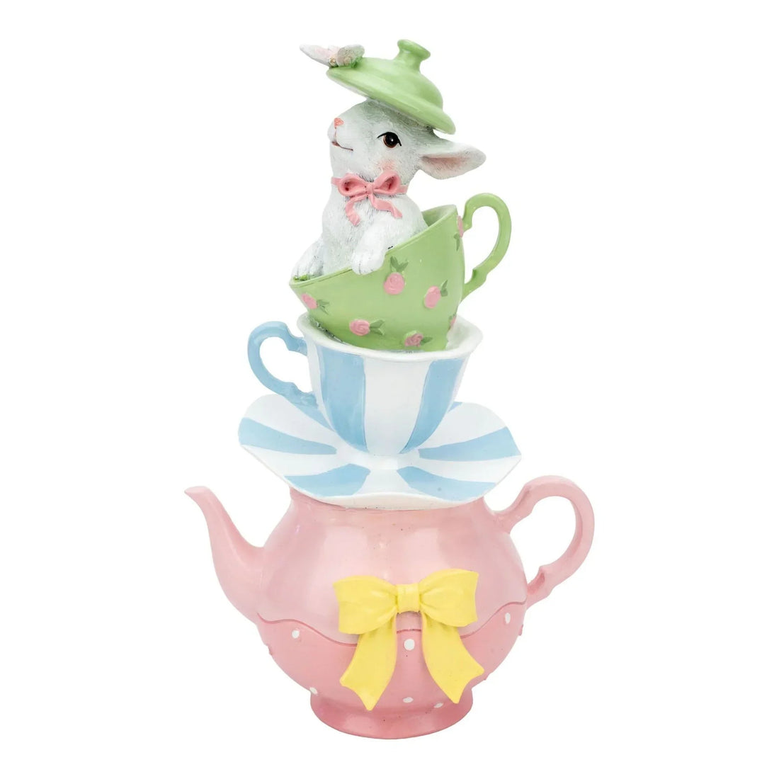 Charming bunny figurine in green teacup, stacked on striped cup and pink teapot with yellow bow, vintage home decor