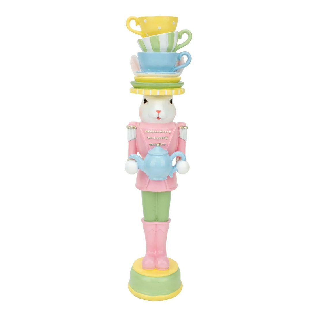 Pastel bunny nutcracker holding teapot, stacked teacups on head, home décor accent piece