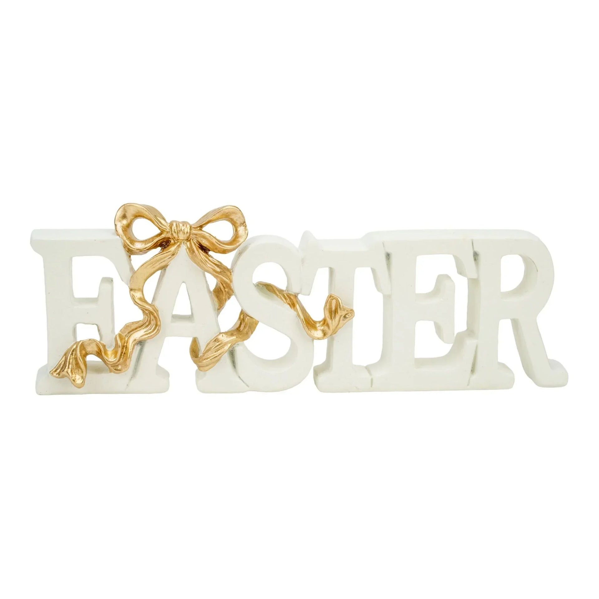 White Easter sign with gold bow, home décor accent for festive seasonal display