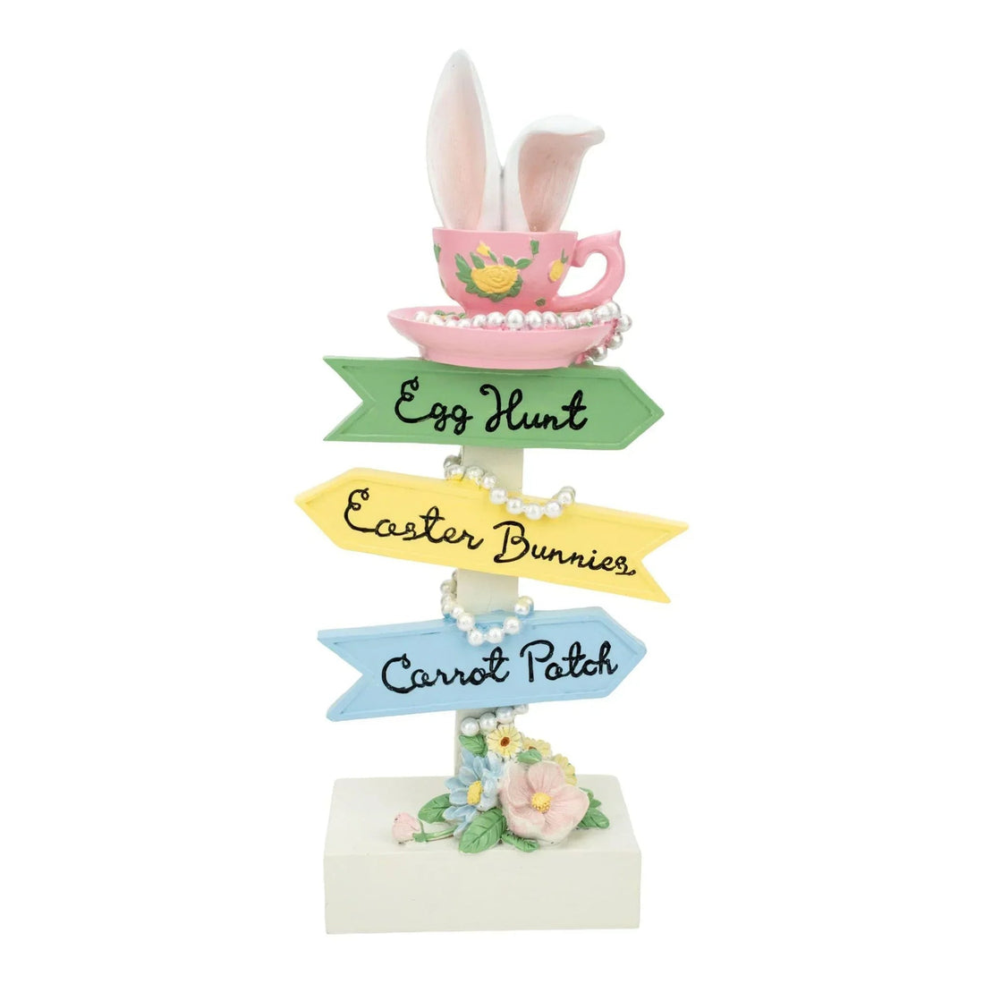 Easter bunny ears in pink teacup with directional signs for Egg Hunt, Easter Bunnies, Carrot Patch, floral base