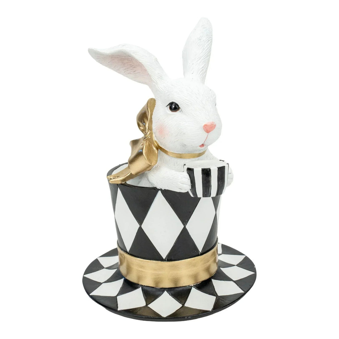 White rabbit figurine in black and white harlequin top hat with gold bow, home décor accent