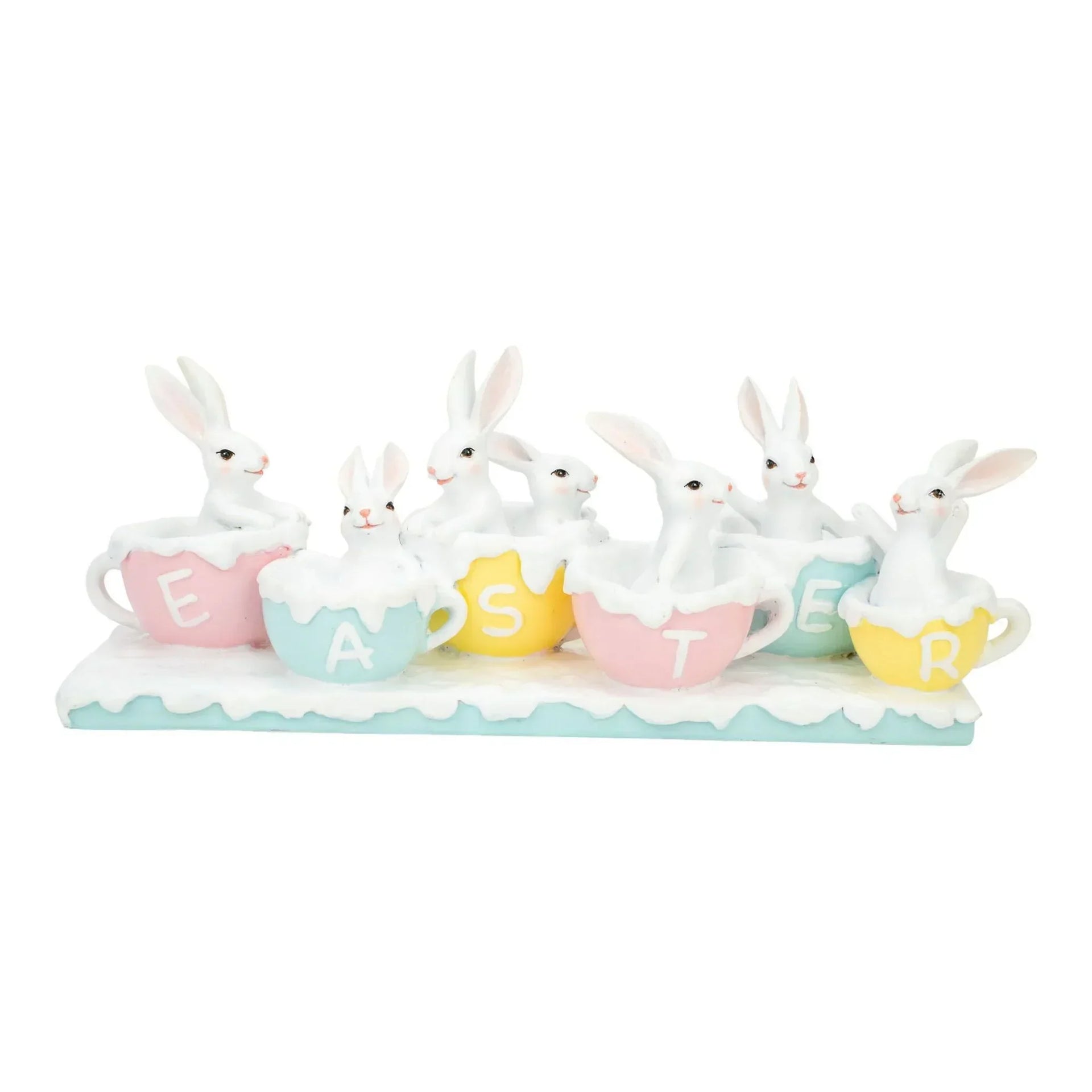 Adorable Easter bunny figurines in pastel cups spelling EASTER, perfect for spring home décor
