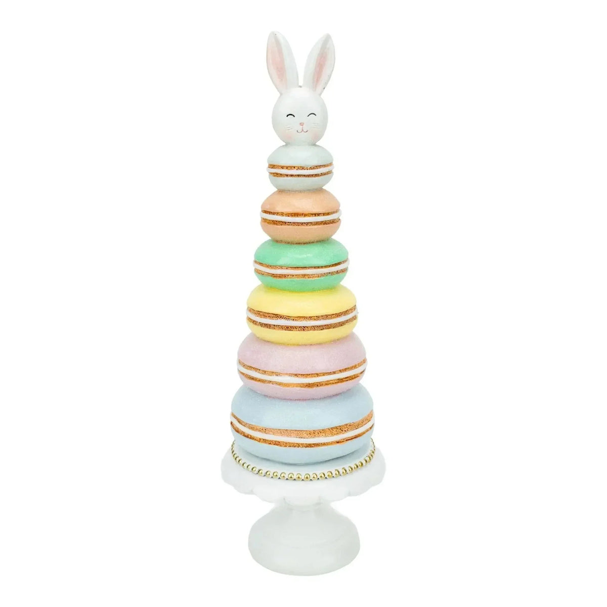 Pastel macaron tower with bunny topper, Easter home decor