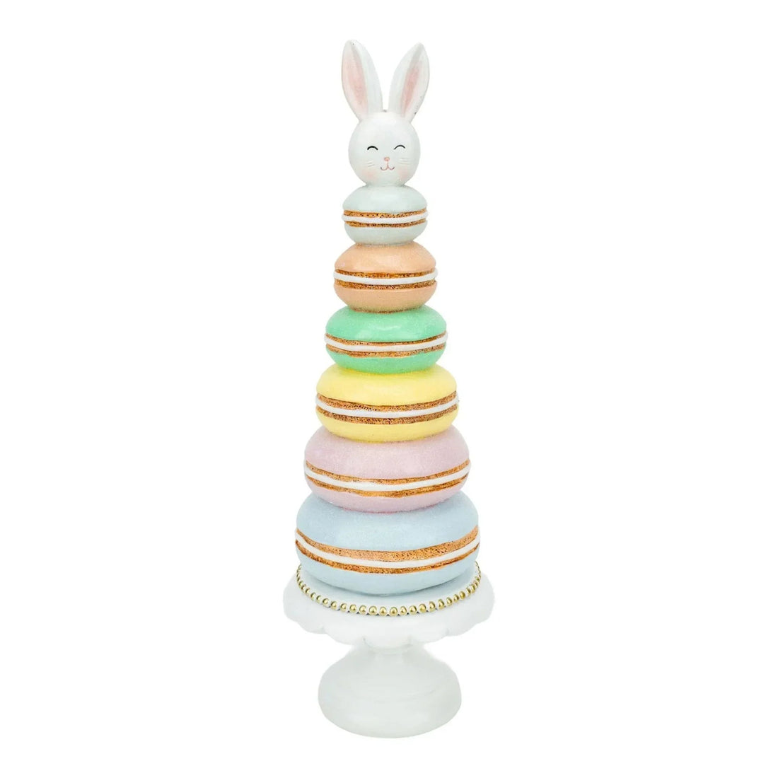 Pastel macaron tower with bunny topper, Easter home decor