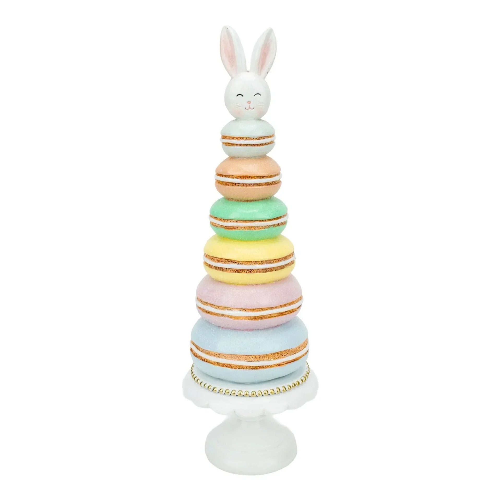 Pastel macaron tower with bunny topper, Easter home decor