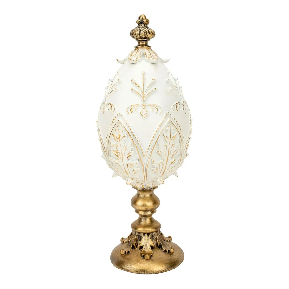 Elegant white and gold decorative egg with ornate floral details on pedestal base, luxury home décor accent