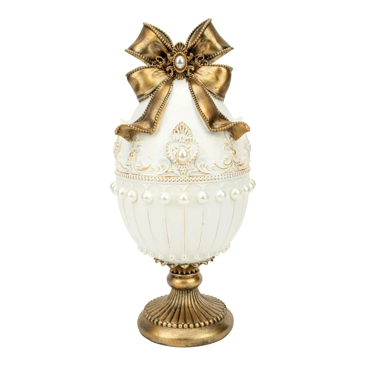 Elegant white and gold decorative egg with pearl accents and bow, luxury home décor accent piece
