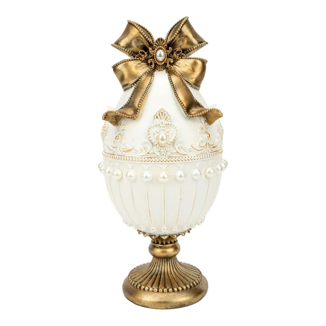 Elegant white and gold decorative egg with pearl accents and bow, luxury home décor accent piece