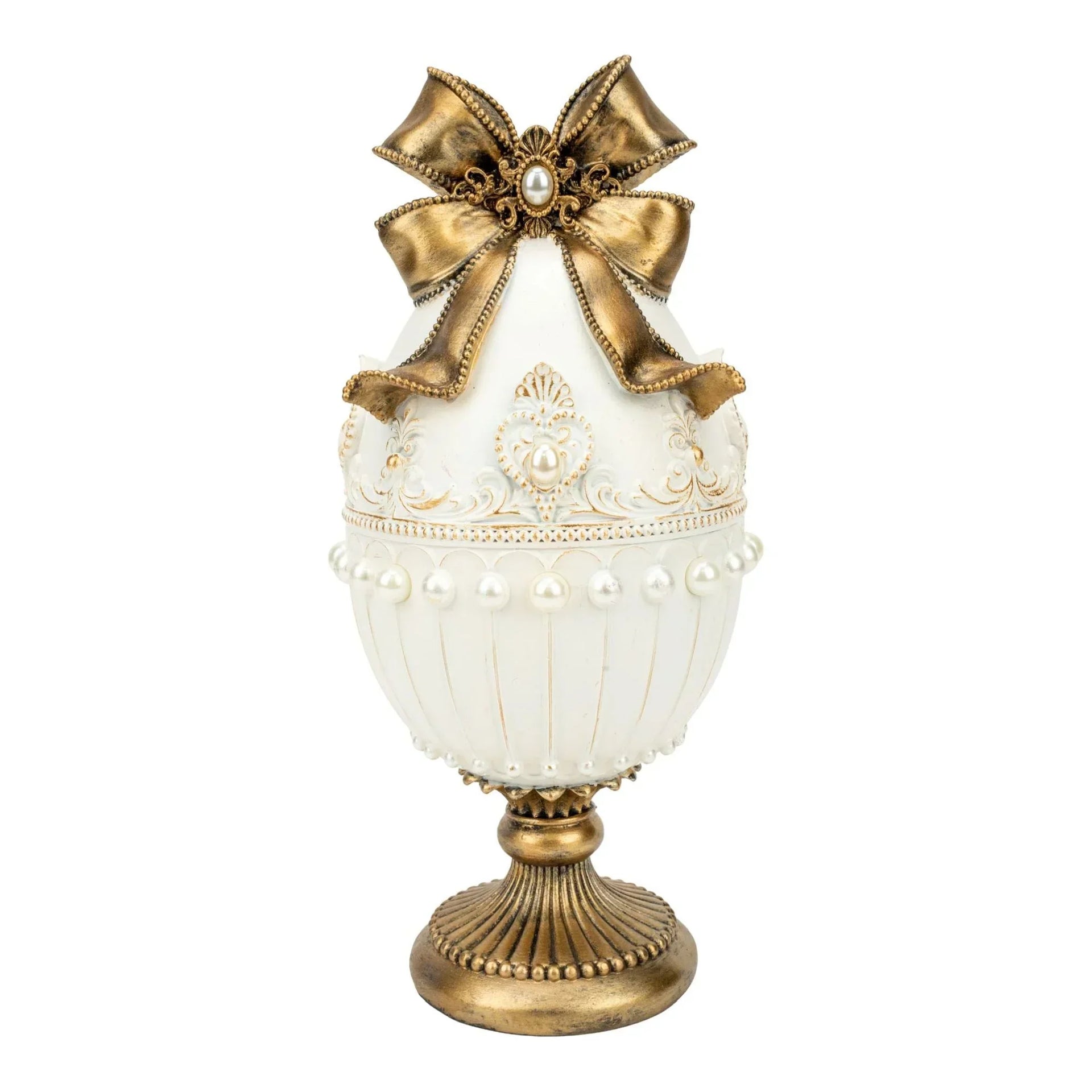 Elegant white and gold decorative egg with pearl accents and bow, luxury home décor accent piece