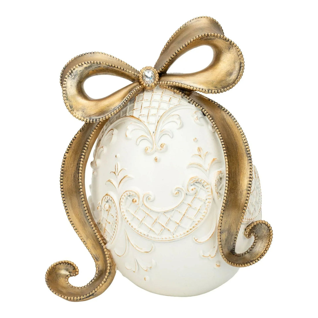 Elegant white decorative egg with gold bow and crystal accent, vintage-inspired home décor