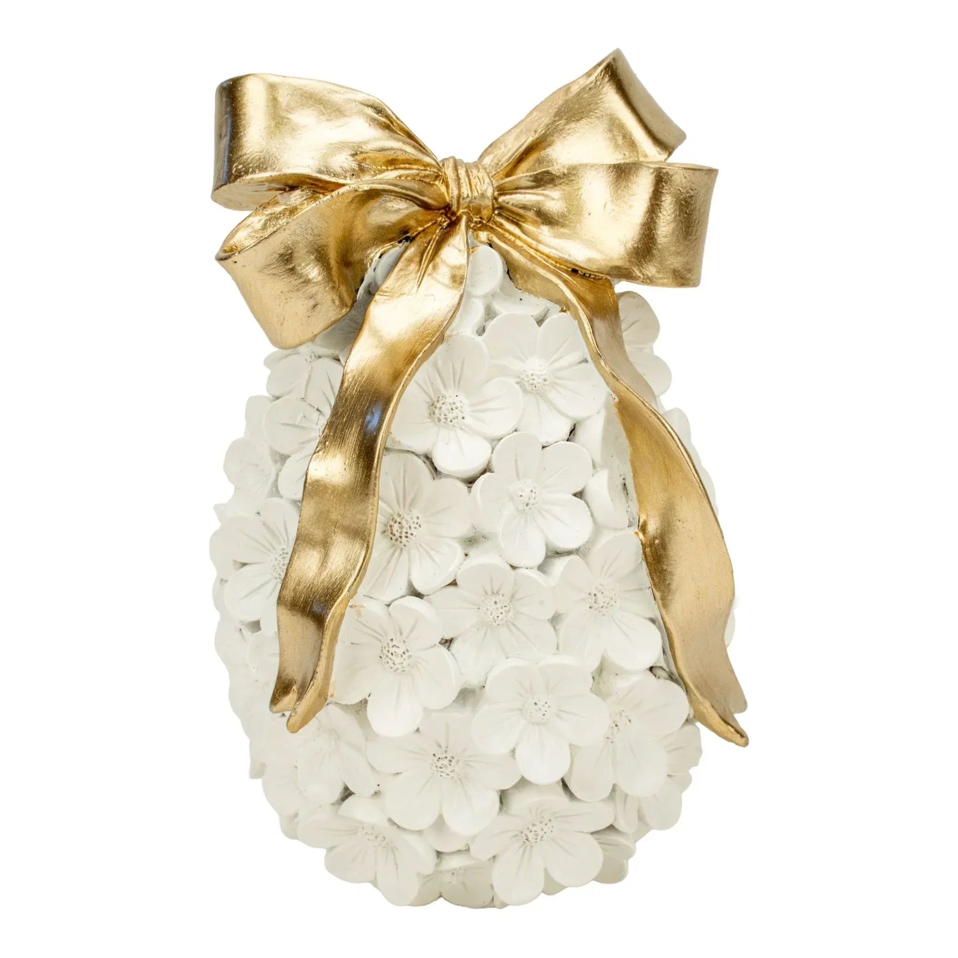White floral egg decoration with gold bow, elegant home décor accent