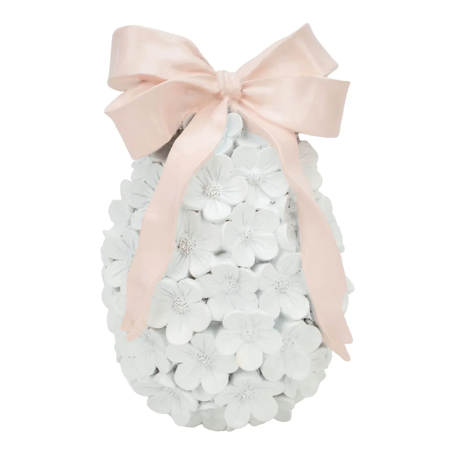 White floral egg decoration with blush pink bow, elegant home décor accent