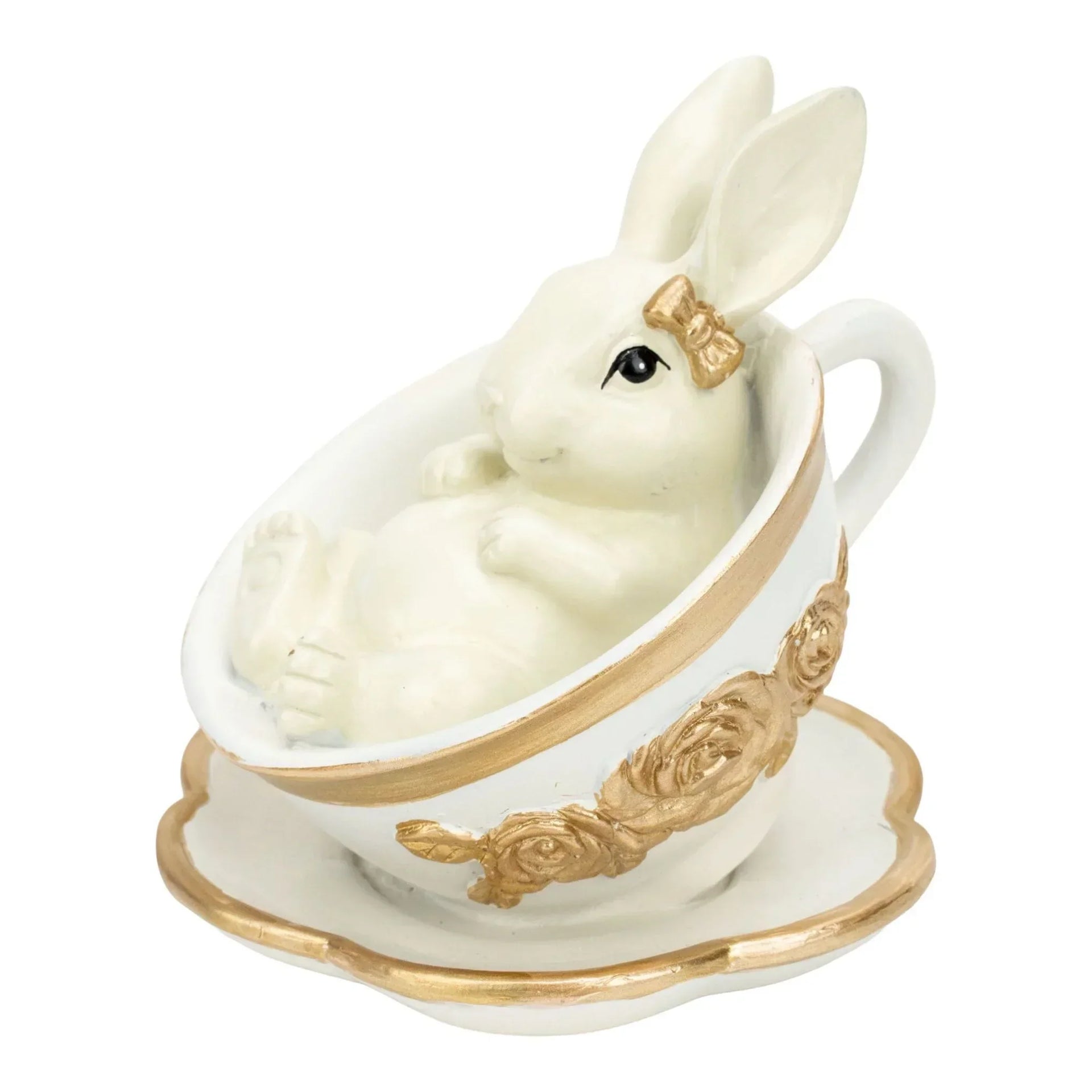 White bunny figurine in gold-trimmed teacup, elegant home décor accent with vintage charm
