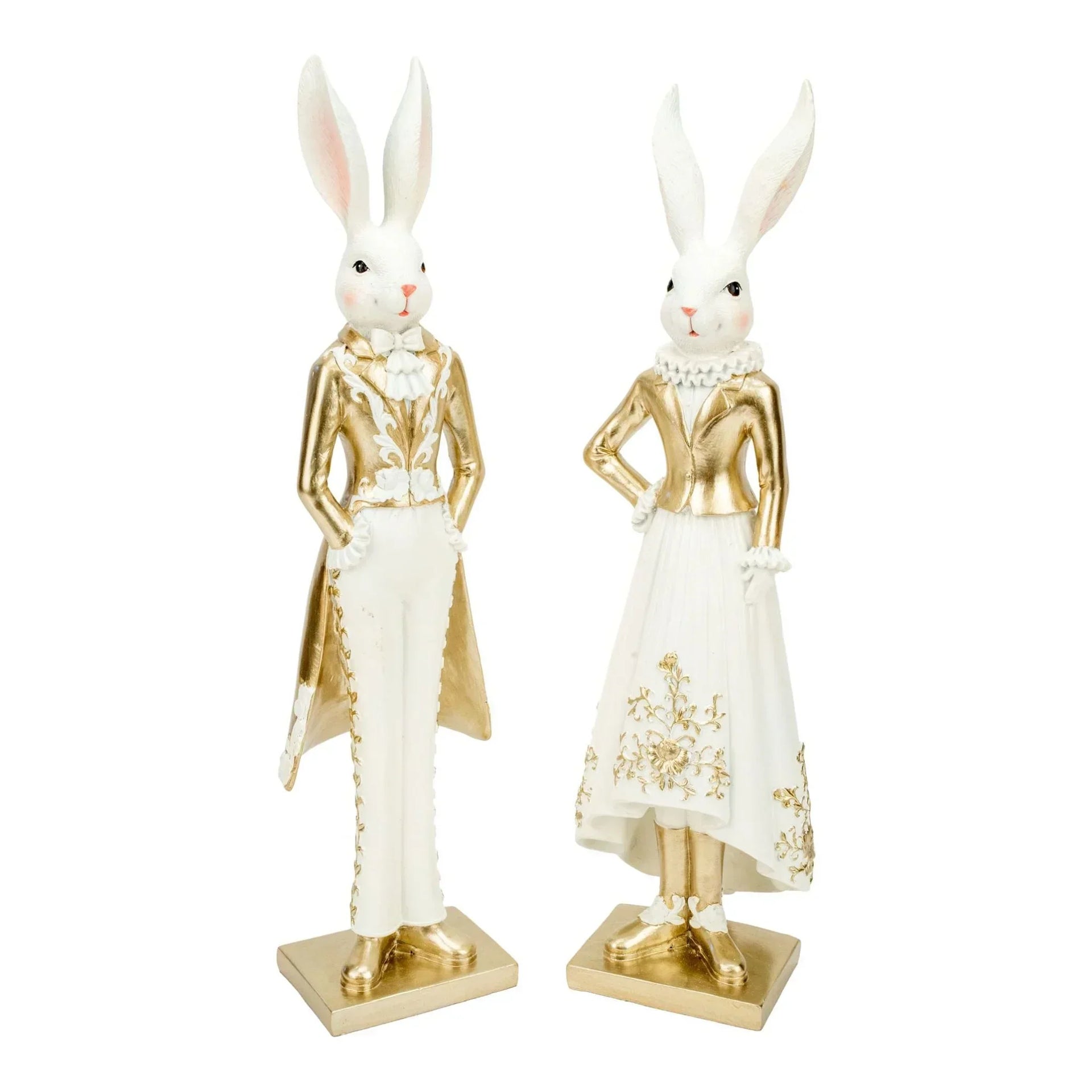 Elegant white and gold bunny figurines in formal attire, perfect for luxury home décor and vintage-inspired styling.